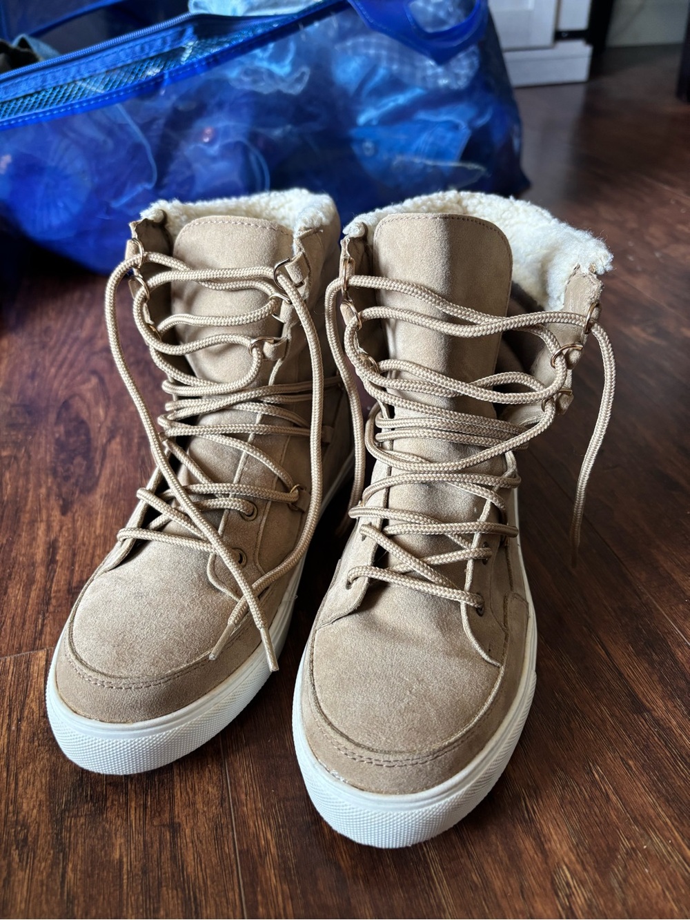 Shoe Dazzle Tan Suede Lace-Up Shearling High-Top Sneakers